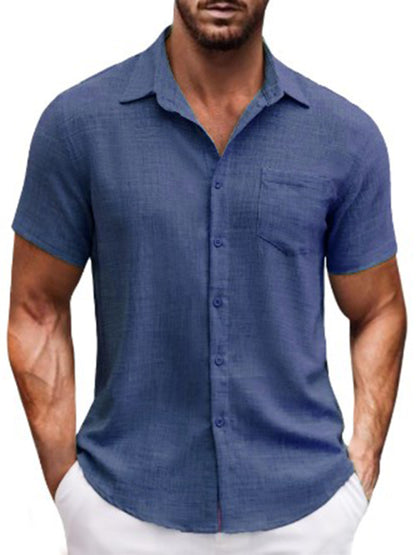 Men Shirts- Men's Linen-Blend Casual Shirt- Purplish blue navy- Pekosa Women Fashion