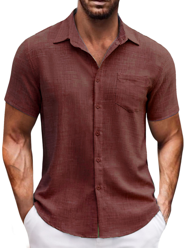 Men Shirts- Men's Linen-Blend Casual Shirt- Red- Pekosa Women Fashion