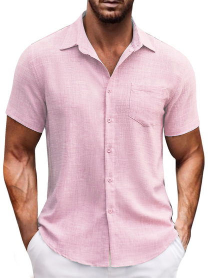 Men Shirts- Men's Linen-Blend Casual Shirt- Pink- Pekosa Women Fashion