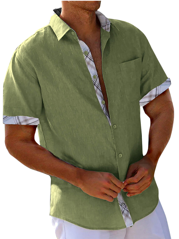 Men Shirts- Men's Short-Sleeve Linen Blend Shirt- Green- Pekosa Women Fashion