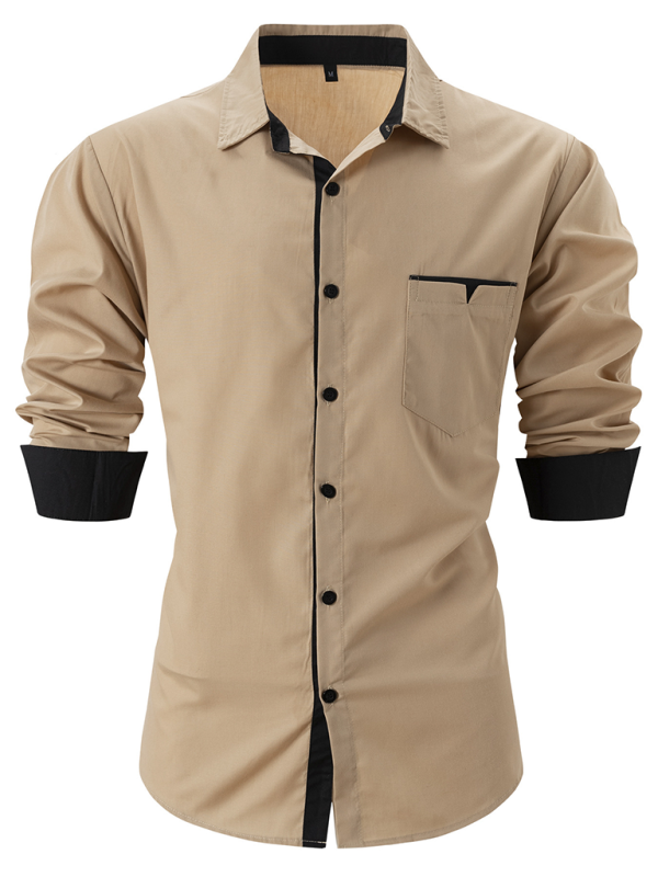 Men Shirts- Sharp Men's Dress Shirt with Contrast Trim- Khaki- Pekosa Women Fashion