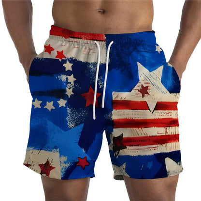 Men Shorts- Men's American Flag Swim Shorts for Summer Celebrations- Blue Red- Chuzko Women Clothing