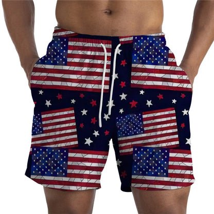 Men Shorts- Men's American Flag Swim Shorts for Summer Celebrations- Black Red- Chuzko Women Clothing