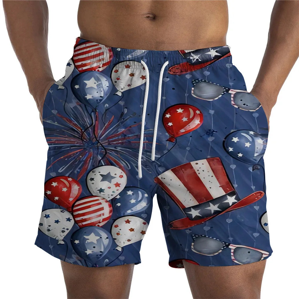 Men Shorts- Men's American Flag Swim Shorts for Summer Celebrations- Blue 2- Chuzko Women Clothing