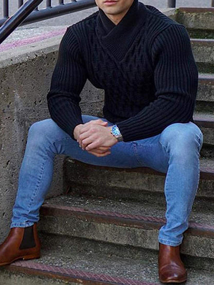 Men Sweaters - Chain-link & Ribs Knit Shawl Collar Fitted Sweater