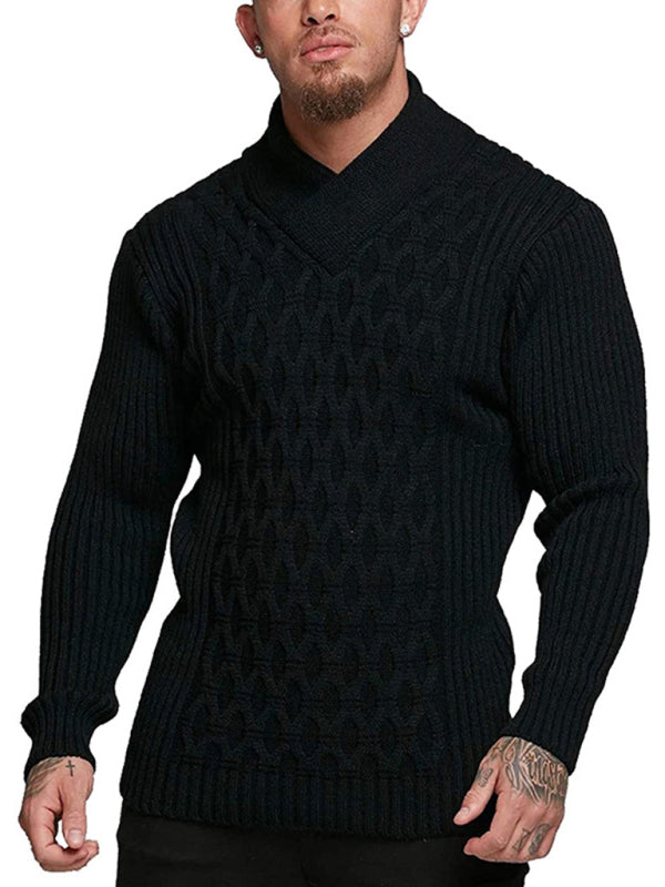 Men Sweaters - Chain-link & Ribs Knit Shawl Collar Fitted Sweater