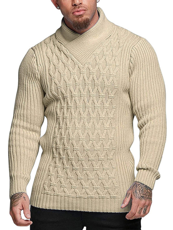 Men Sweaters - Chain-link & Ribs Knit Shawl Collar Fitted Sweater