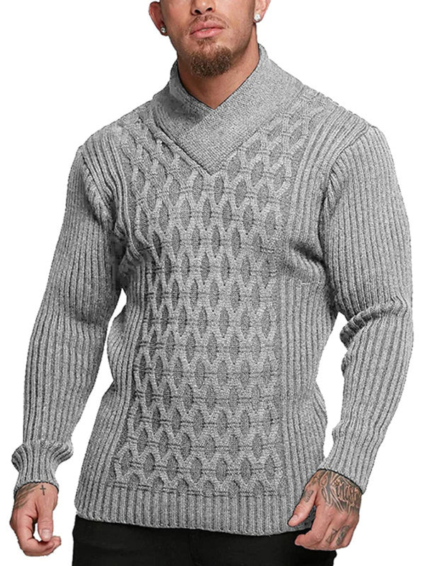 Men Sweaters - Chain-link & Ribs Knit Shawl Collar Fitted Sweater