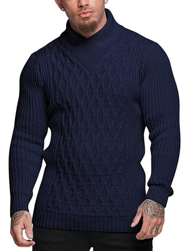 Men Sweaters - Chain-link & Ribs Knit Shawl Collar Fitted Sweater