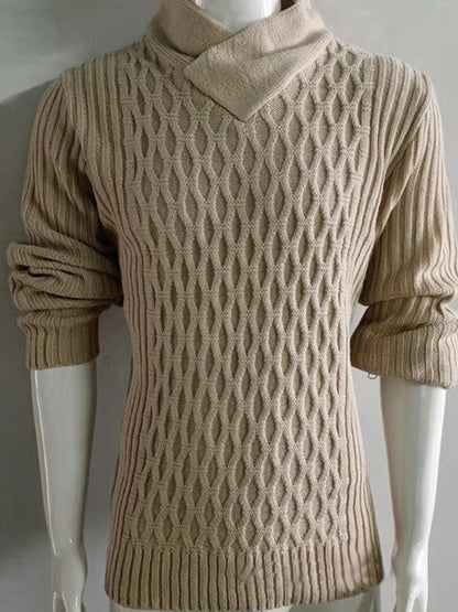 Men Sweaters - Chain-link & Ribs Knit Shawl Collar Fitted Sweater