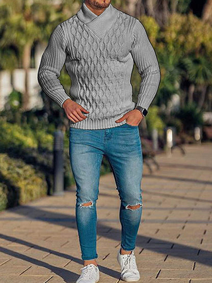 Men Sweaters - Chain-link & Ribs Knit Shawl Collar Fitted Sweater