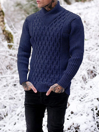 Men Sweaters - Chain-link & Ribs Knit Shawl Collar Fitted Sweater