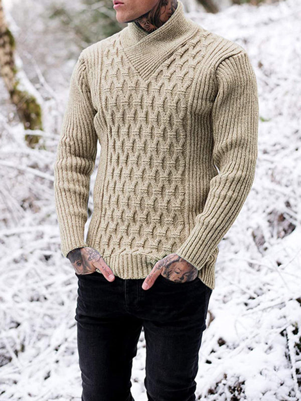 Men Sweaters - Chain-link & Ribs Knit Shawl Collar Fitted Sweater