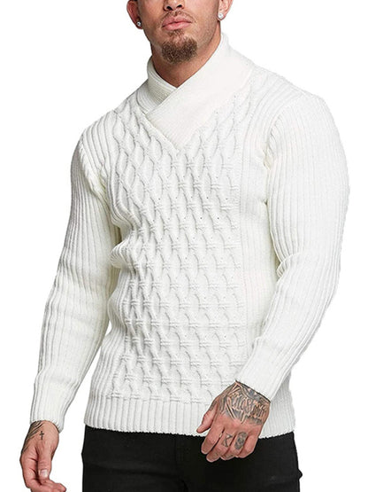 Men Sweaters - Chain-link & Ribs Knit Shawl Collar Fitted Sweater