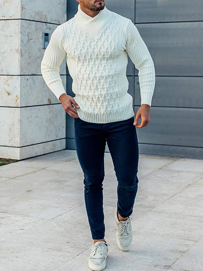 Men Sweaters - Chain-link & Ribs Knit Shawl Collar Fitted Sweater