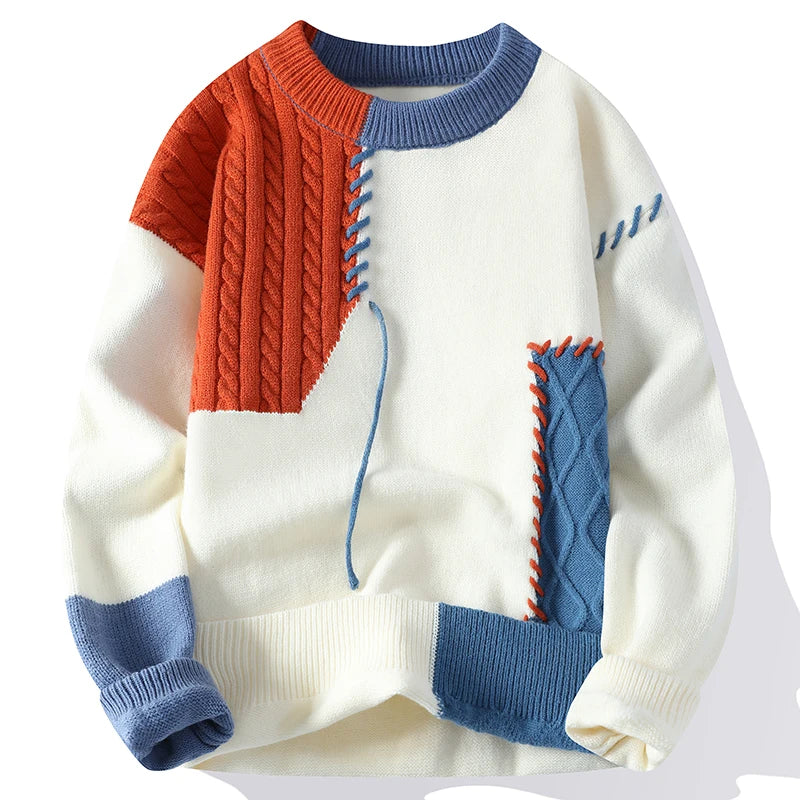 Men Sweaters- Men's Streetwear Patchwork Sweater – Cozy & Stylish Knitwear