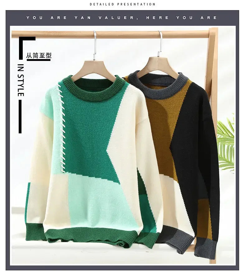 Men Sweaters- Men's Streetwear Patchwork Sweater – Cozy & Stylish Knitwear