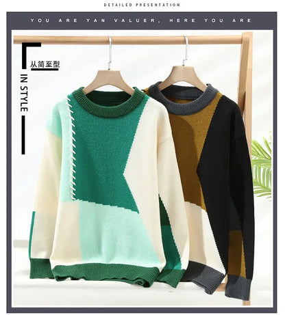 Men Sweaters- Men's Streetwear Patchwork Sweater – Cozy & Stylish Knitwear