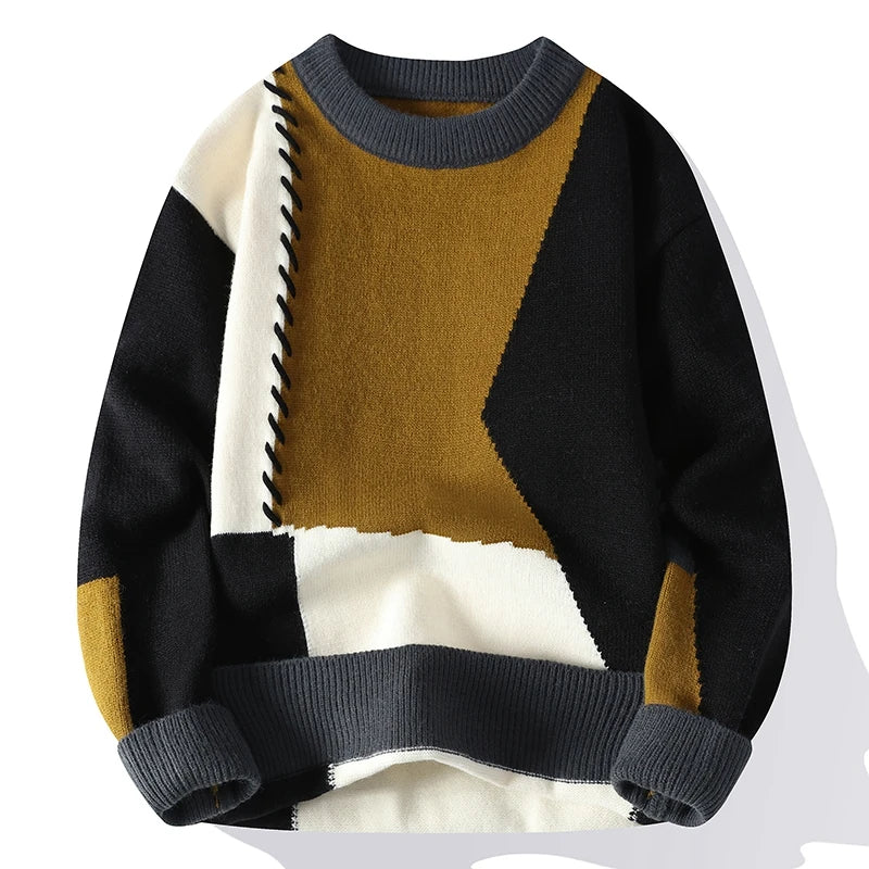 Men Sweaters- Men's Streetwear Patchwork Sweater – Cozy & Stylish Knitwear