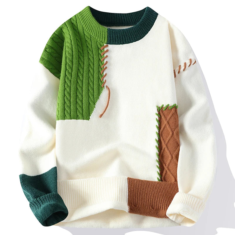 Men Sweaters- Men's Streetwear Patchwork Sweater – Cozy & Stylish Knitwear