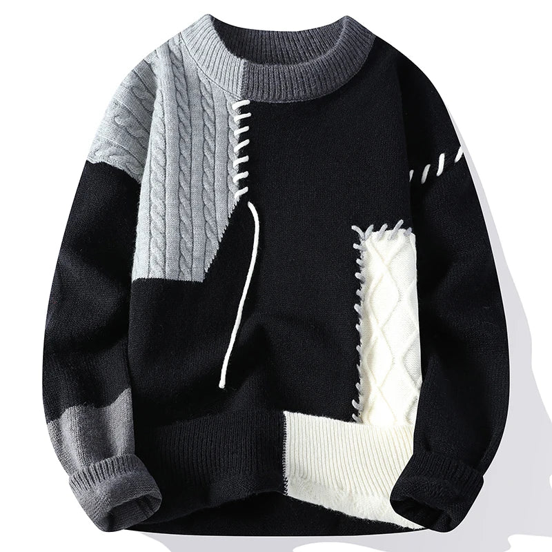 Men Sweaters- Men's Streetwear Patchwork Sweater – Cozy & Stylish Knitwear