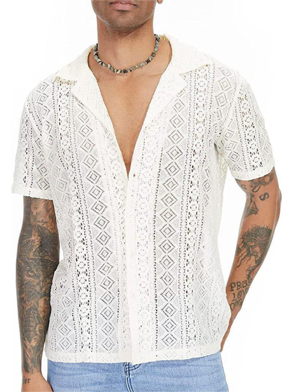 Men Tops- Men's Hollow Knitting Cotton Shirt for Summer- White- Pekosa Women Fashion