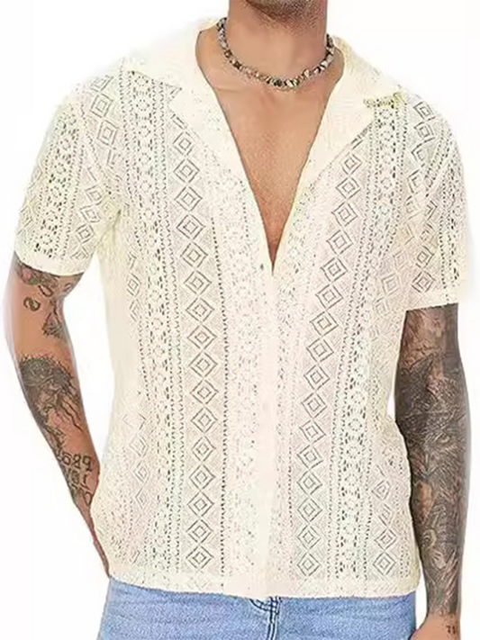 Men Tops- Men's Hollow Knitting Cotton Shirt for Summer- Cracker khaki- Pekosa Women Fashion