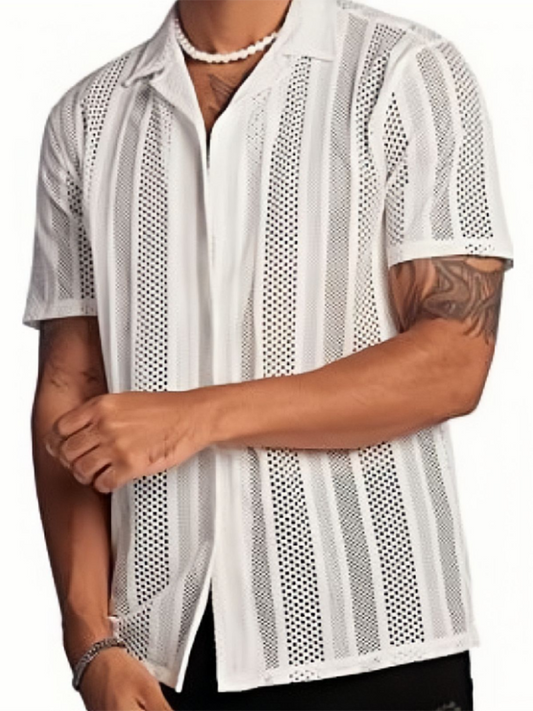 Men Tops- Summer Look Hollow Knitting Button-Up Shirt for Men- White- Pekosa Women Fashion