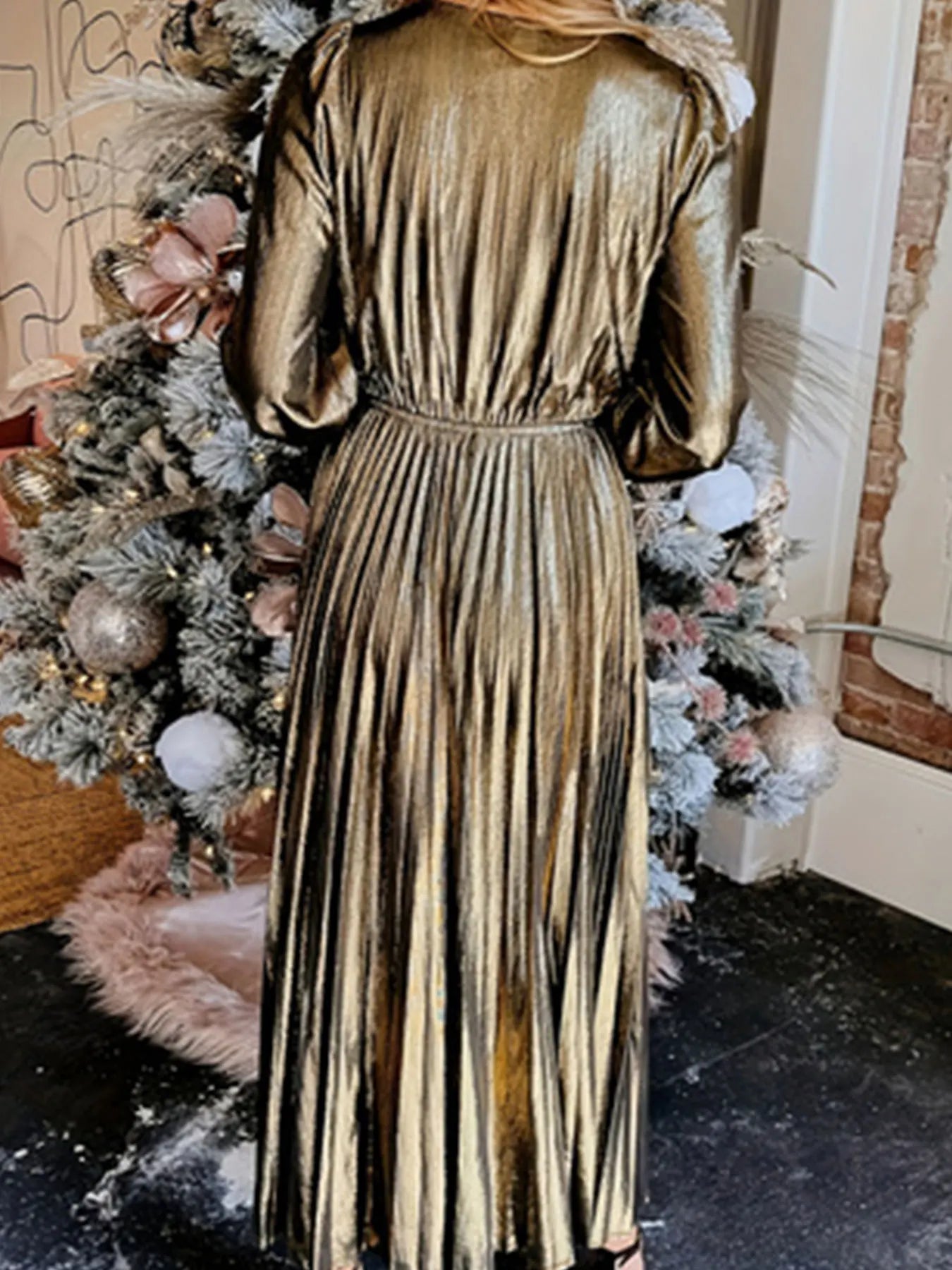 Metallic Dresses - Holiday Pleated Glow Plus Size Metallic Dress