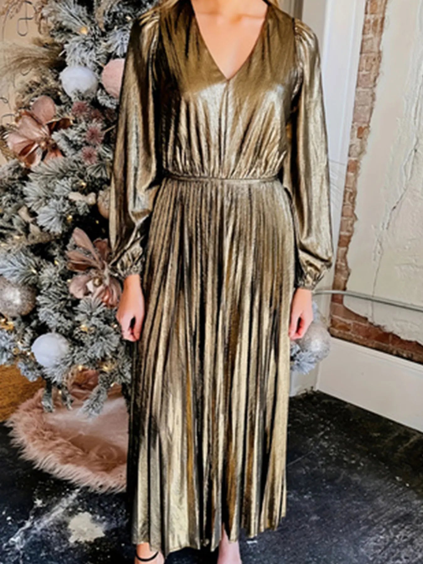 Metallic Dresses - Holiday Pleated Glow Plus Size Metallic Dress