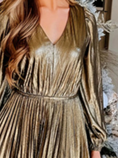 Metallic Dresses - Holiday Pleated Glow Plus Size Metallic Dress