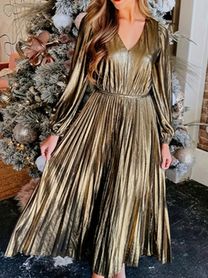 Metallic Dresses - Holiday Pleated Glow Plus Size Metallic Dress