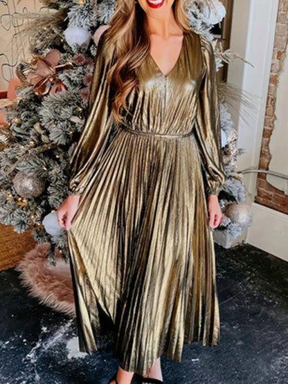 Metallic Dresses - Holiday Pleated Glow Plus Size Metallic Dress