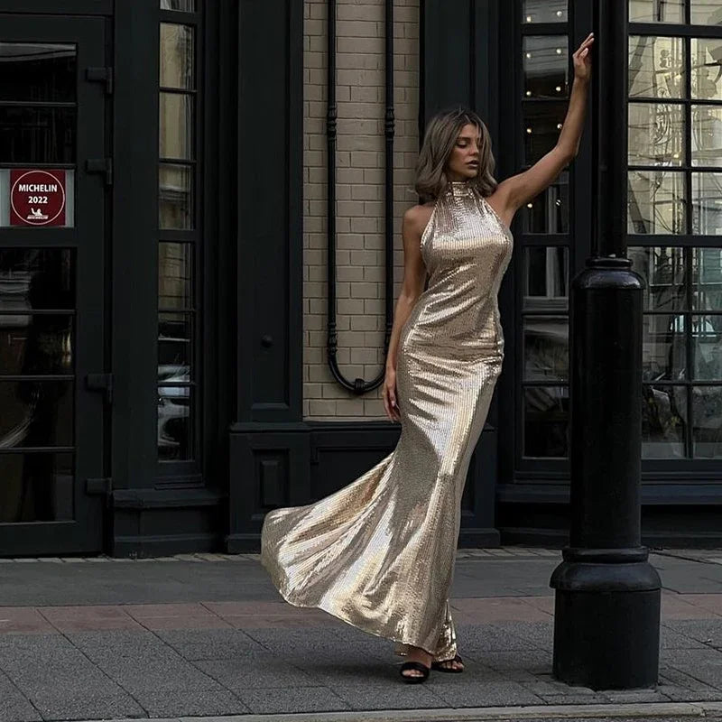 Metallic Maxi Dresses - Formal Chocker Maxi Dress for Black-Tie Events 🎩