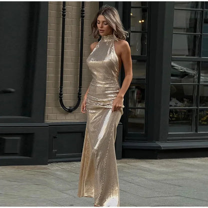 Metallic Maxi Dresses - Formal Chocker Maxi Dress for Black-Tie Events 🎩