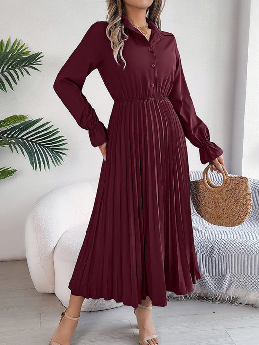 Midi Dress- Shirt Pleated Midi Dress with Poe Sleeves Church Ready