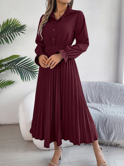 Midi Dress- Shirt Pleated Midi Dress with Poe Sleeves Church Ready