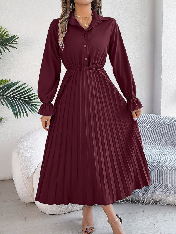 Midi Dress- Shirt Pleated Midi Dress with Poe Sleeves Church Ready