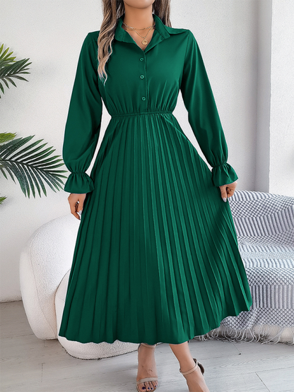 Midi Dress- Shirt Pleated Midi Dress with Poe Sleeves Church Ready