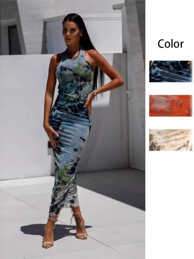 Midi Dresses- Abstract Print Halter Bodycon Dress- - Chuzko Women Clothing