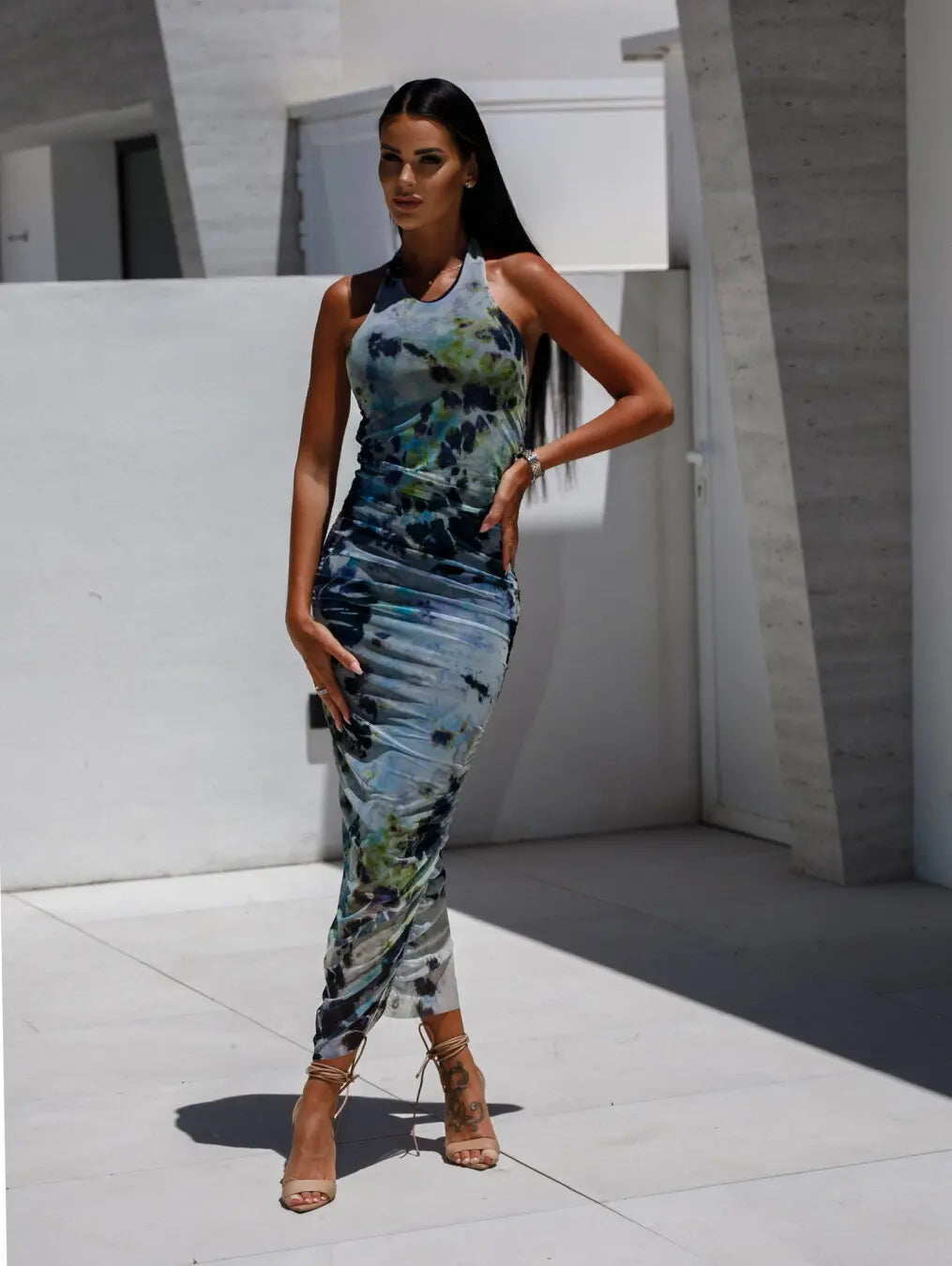 Midi Dresses- Abstract Print Halter Bodycon Dress- Blue- Chuzko Women Clothing