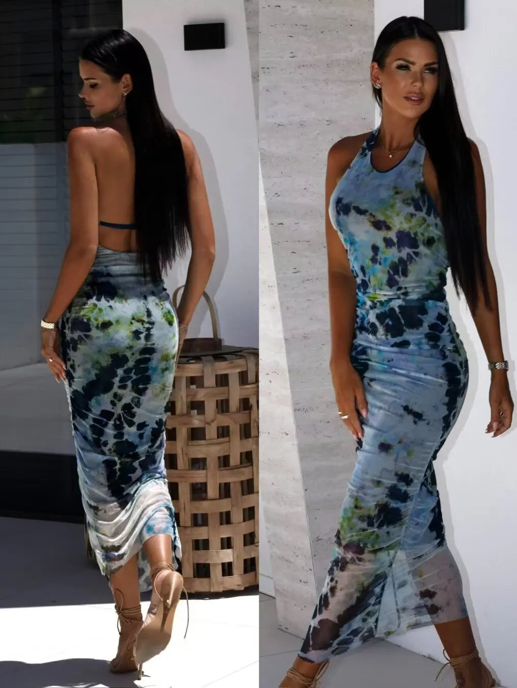 Midi Dresses- Abstract Print Halter Bodycon Dress- - Chuzko Women Clothing