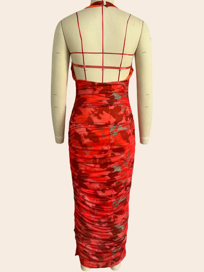 Midi Dresses- Abstract Print Halter Bodycon Dress- - Chuzko Women Clothing