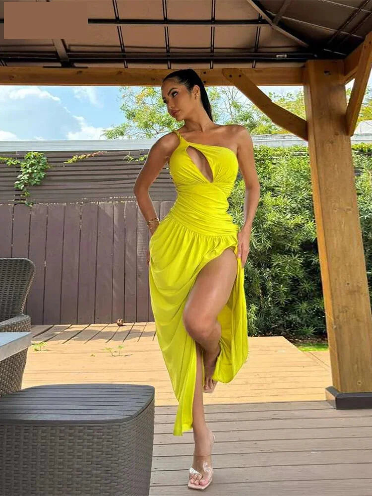 Midi Dresses- Asymmetrical One-Shoulder Slit Dress for Cocktails- Yellow- Chuzko Women Clothing