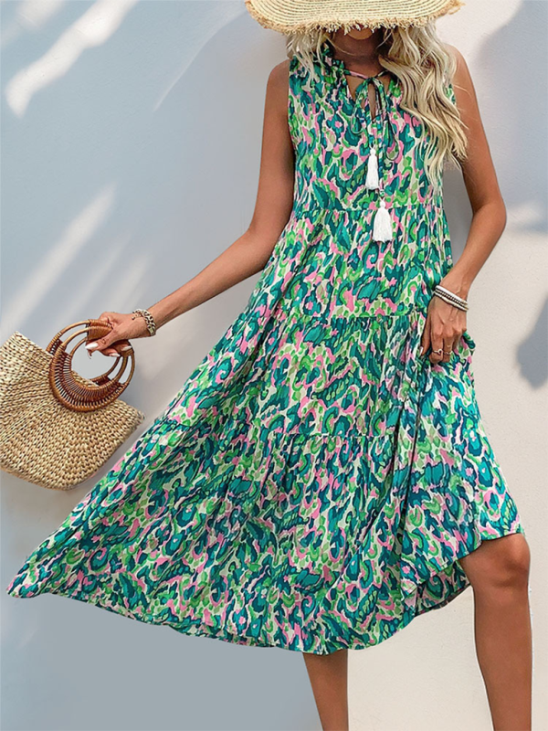 Midi Dresses- Festival Blue-Green Abstract Print A-Line Midi Dress for Summer- - Pekosa Women Fashion