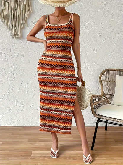 Boho Aztec Print Earthy Tones Midi-Maxi Dress