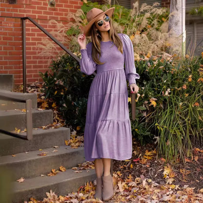 Midi Dresses- Boho Solid Tiered Midi Dress with Long Sleeves- Lavender- Chuzko Women Clothing