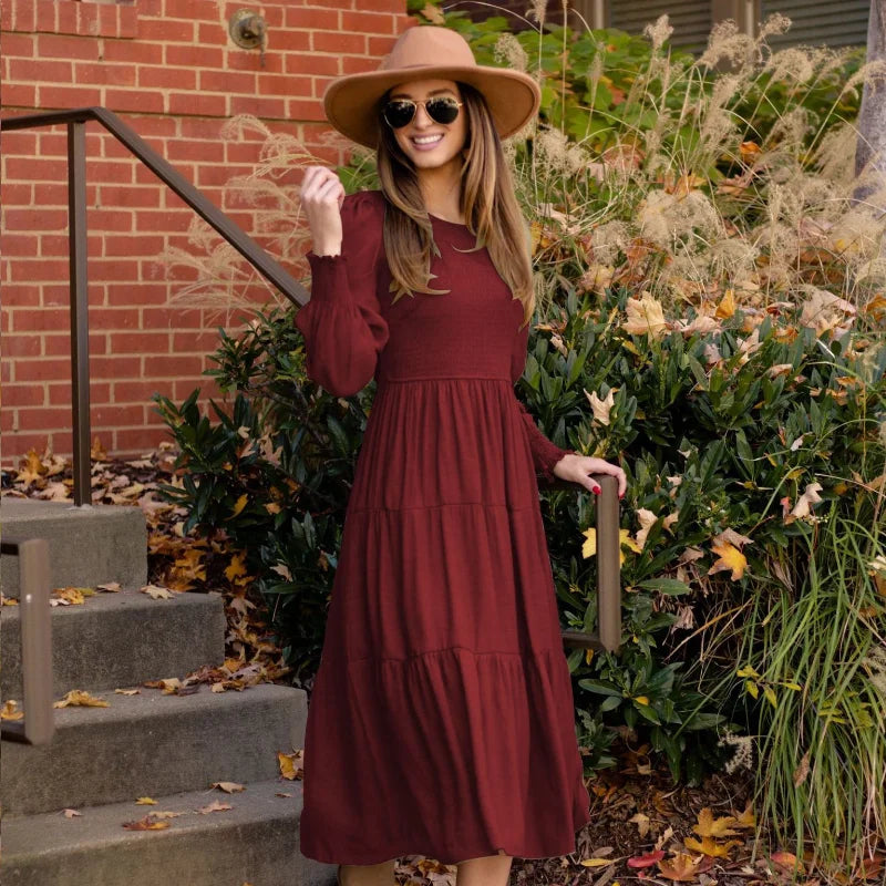 Midi Dresses- Boho Solid Tiered Midi Dress with Long Sleeves- - Chuzko Women Clothing