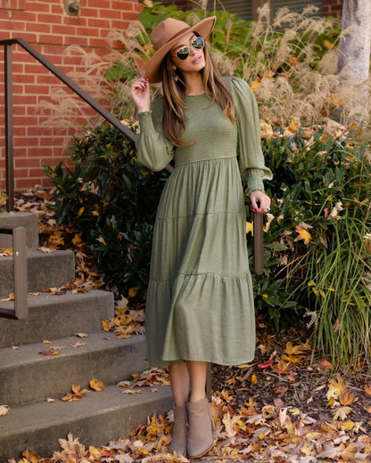 Midi Dresses- Boho Solid Tiered Midi Dress with Long Sleeves- Light Green- Chuzko Women Clothing