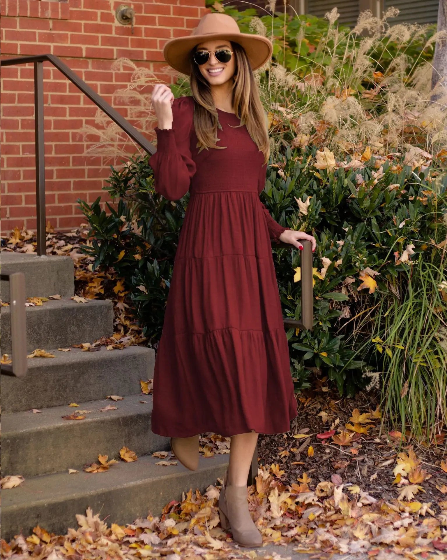 Midi Dresses- Boho Solid Tiered Midi Dress with Long Sleeves- Burgundy- Chuzko Women Clothing